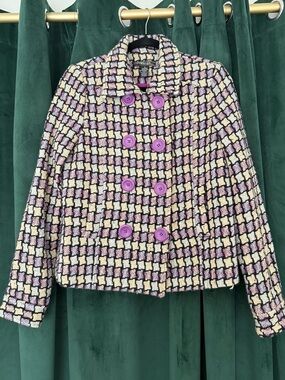 VERTIGO PARIS Vintage Tweed Cropped Jacket Purple Buttons Double Breasted Size M